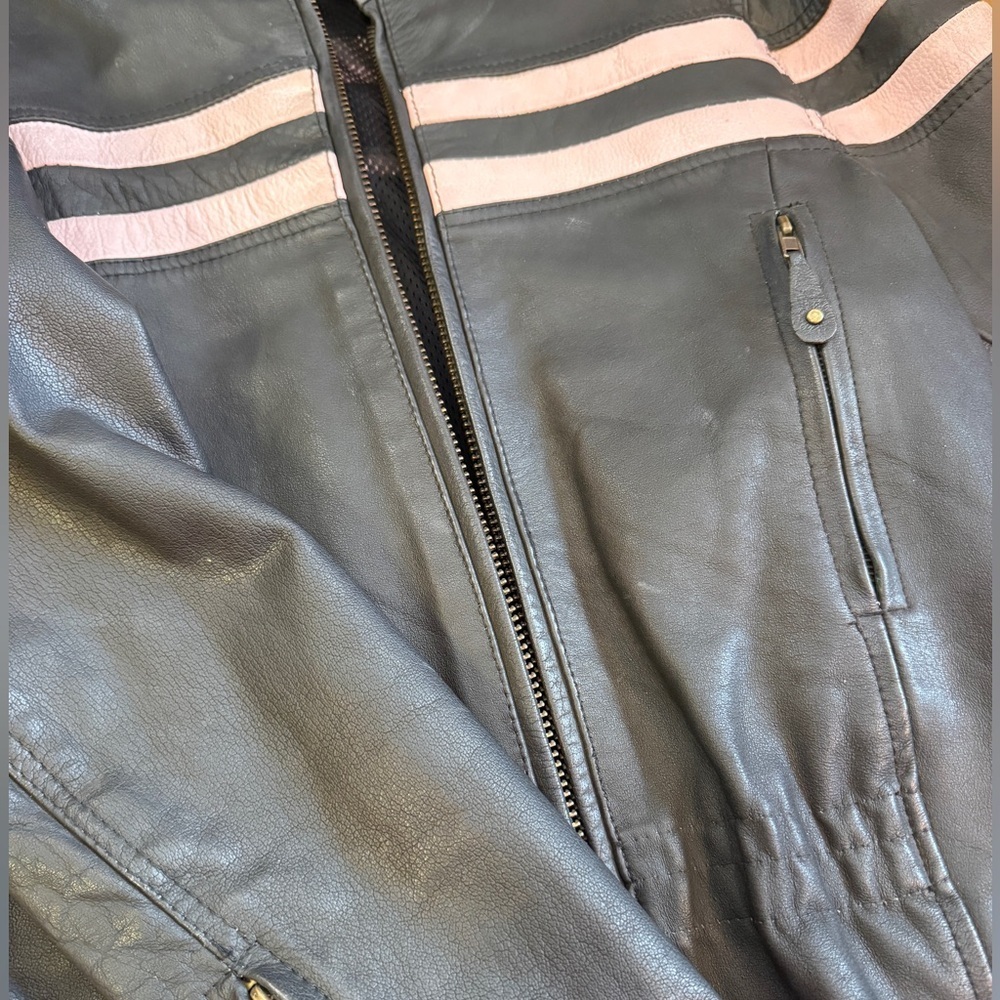 Women’s VINTAGE LEATHER Moto RACING Strip BLACK PINK Jacket L - Picture 7 of 8